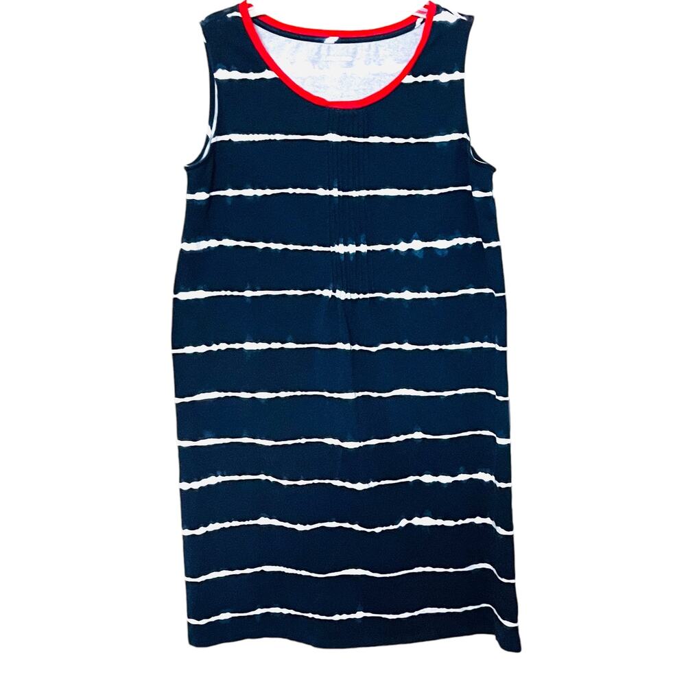 LANDS’ END SLEEVELESS SHIFT/A-LINE MIDI DRESS, WOMENS, S, NAVY W/ WHITE STRIPES